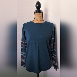 Smartwool Teal Crewneck Pullover with Patterned Sleeve Stripes